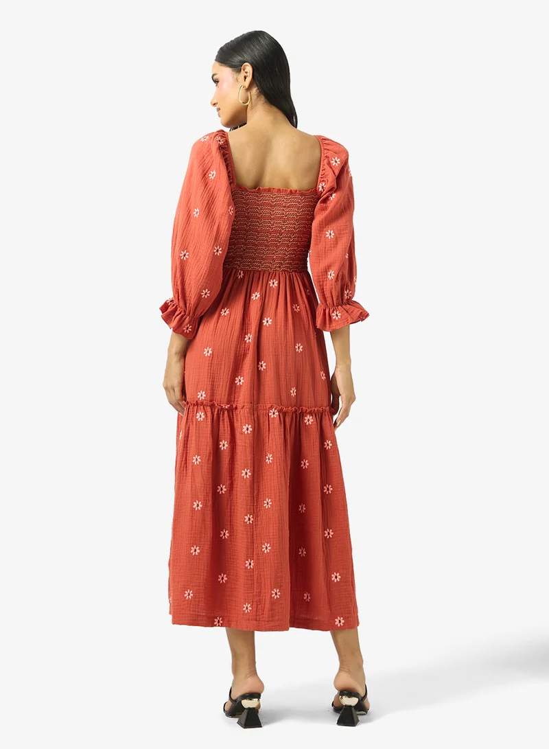 جينجر Puff Sleeves Smocked Floral A Line Dress